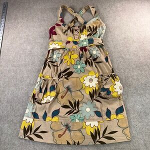 Fire Los Angeles Floral Sundress Tan Yellow Blue Hibiscus Cross Back Pockets M